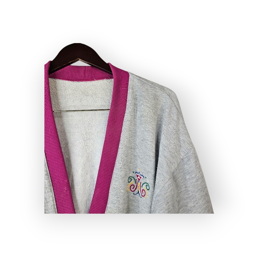 Vintage Colorblock Sweatshirt Cardigan Womens Gray Pink Green Blue Button Front - Picture 3 of 5